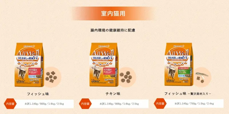 オールウェル(AllWell)室内猫用シリーズ フィッシュ味・チキン味・贅沢素材入りのラインナップ